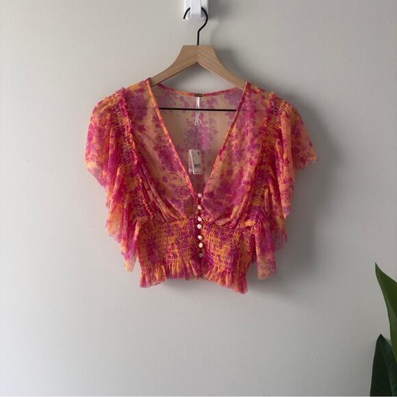 Free People Sugar Top in Hot Tropics Floral Pink Orange Top Fairycore Button NWT - Picture 3 of 12